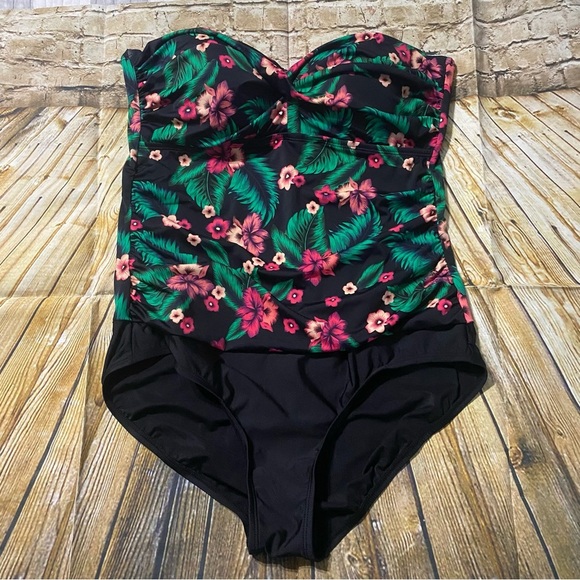 Hilor Black Green Tropical Hawaiian Lightly Padded Strapless One Piece Swimsuit - Picture 1 of 5